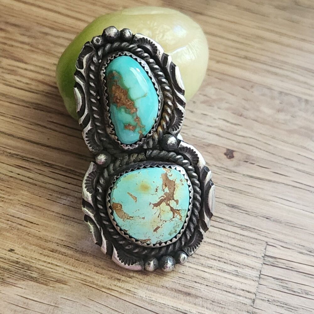 Vintage Navajo handmade Natural American Royston Turquoise double ring sz 5